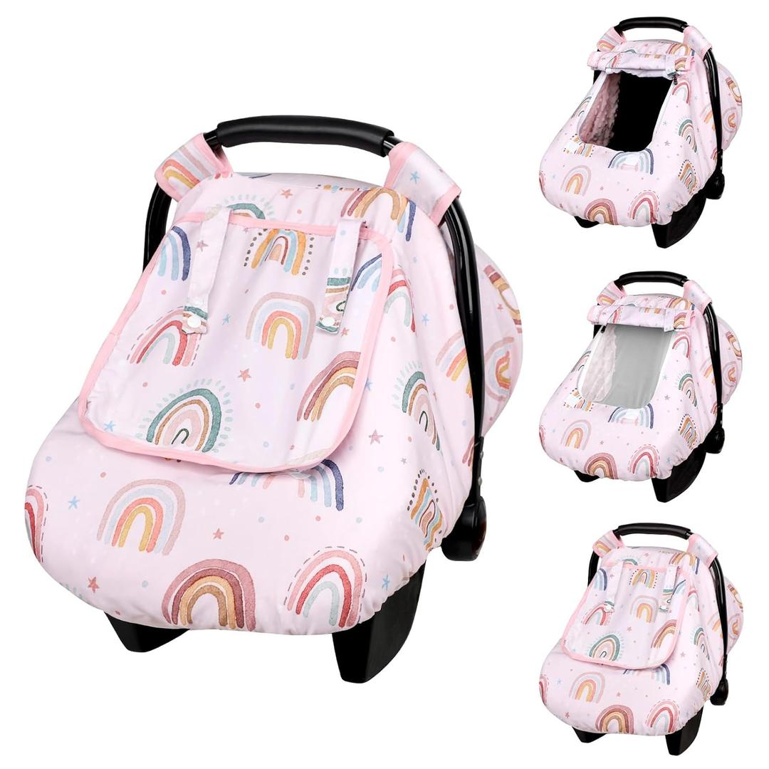 Car Seat Cover Baby Girl, Warm Winter Carseat Cover for Baby, Kick-Proof Infant Car Seat Cover with Peep Window, Windproof & Cozy, Pink Rainbow