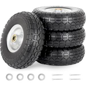 10-Inch 4.10/3.50-4" Flat-free Solid Tire and Wheel with 5/8" Axle Bore Hole, 2.2" Offset Hub for Hand Truck Garden Wagon Cart Trolley Dolly Lawn Mover Go Kart Replacement Tire, 4 Pack