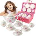 Porcelain Tea Set for Girls - Pink Ceramic Tea Cups with Pink Box - Glass Toy for Kids Party - Ideal Gift for Toddlers and Children's Ages 3 Years Old - Floral Design, 13 Pieces
