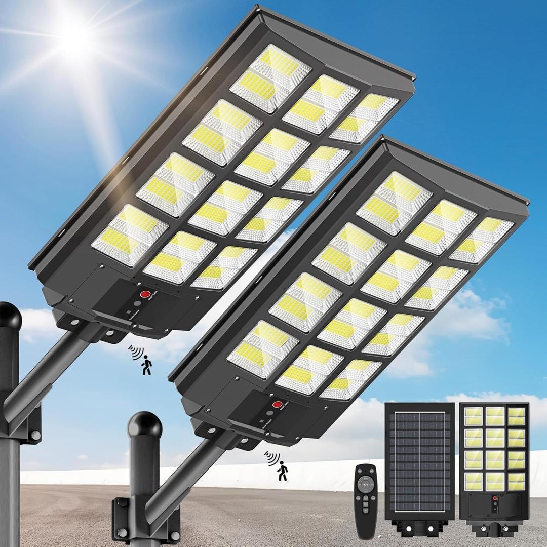 5000W Solar Street Lights Outdoor 6500K Cool White IP66 Waterproof Flood Lights with Motion Sensor & Dusk to Dawn, Wide-Angle Remote Control for Parking Lots/Yards (2-Pack)