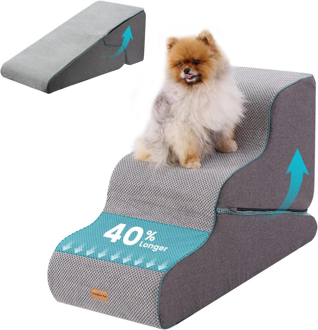 Gardner Pet Dog Stairs for Small Dogs 22.4" H, Large 2 in 1 Transformable 3-Step Pet Stairs and ramp, Dog Steps for High Bed (22-27") with Non-Slip Waterproof Cover CertiPUR-US Certified Foam, Grey