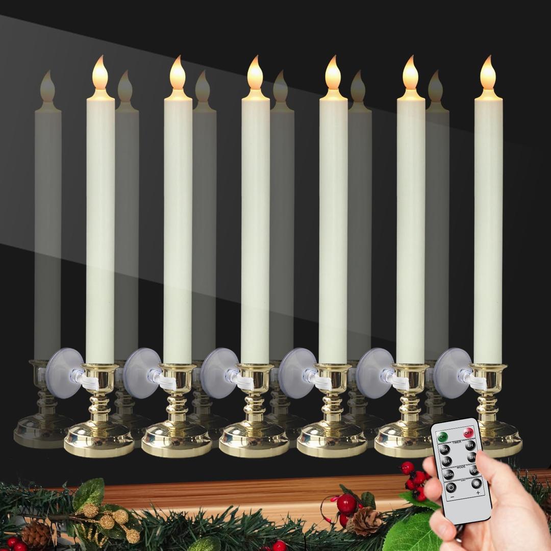 DRomance Flameless Window Candles with Remote and Timer, Battery Operated LED Taper Candles with Suction Cups Set of 6 Christmas Window Candle Holiday Decor(Gold Holders)