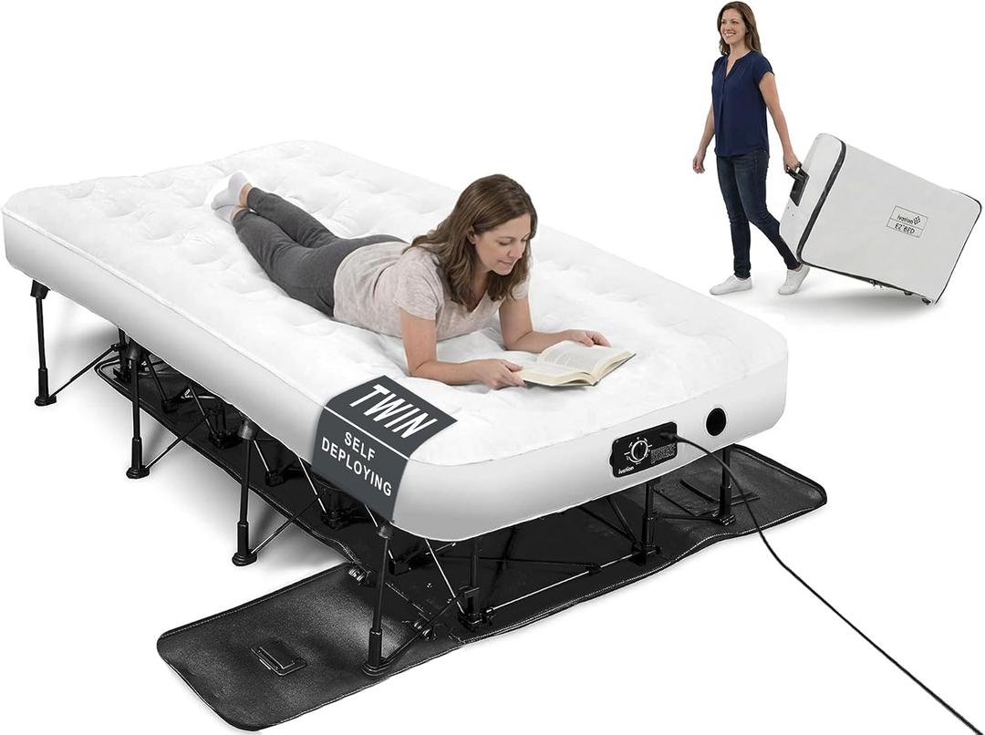 Ivation EZ-Bed (Twin) Inflatable Air Mattress with Frame & Built-in Pump - 3 Min Self Inflate/Deflate - Raised Blow up Bed with Legs, Auto Shut Off, Premium Coil Design, Wheeled Portable Case