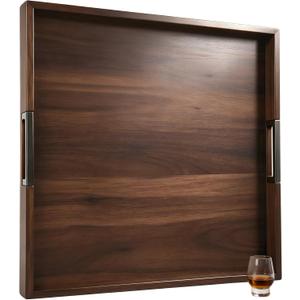 Joy&Grace Large Square Ottoman Tray for Living Room and Coffee Table, Decorative Acacia Wood Serving Tray with Metal Handles for Breakfast in Bed, Dinner Food Kitchen TV (Brown, 22" x 22" x 2")