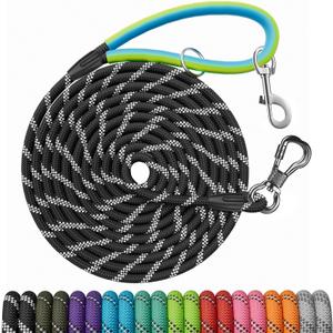 NTR Dog Long Leash, 15FT Puppy Obedience Recall Training Rope Lead with 2 Swivel Hooks, Reflective Threads and Soft Handle, Puppy Leash for Walking, Hunting, Camping for Small Medium and Large Dogs (15ft*3/8", Black)