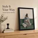 Framed Trendy Women Reading Book Wall Art Quiet Moment on The Sofa Art Prints Green Striped Painting Picture Modern Women's Minimalist Pictures Artwork for Living Room Bedroom Home office Wall Decor, 16"L x 12"W