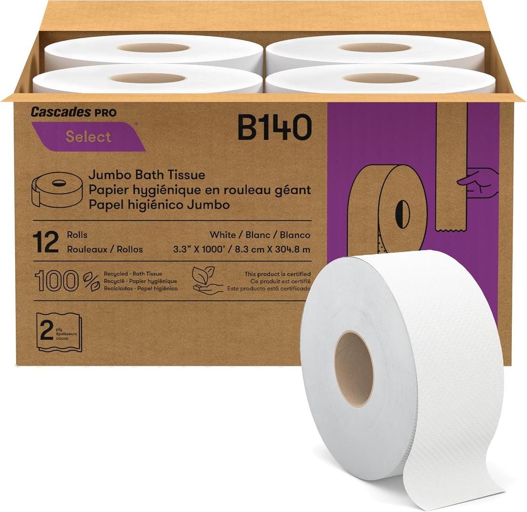 Cascades PRO Select Jumbo Roll Premium Bath Tissue 2-Ply - Suitable for universal dispensers -Toilet Paper is Septic Tank Safe, Certified, Recycled - 1000' length/Roll, 12 Rolls/Box - B140 - White