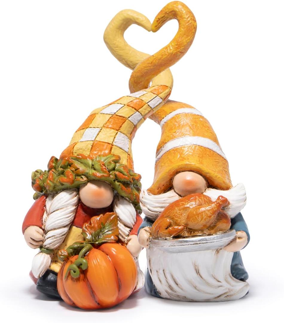 Hodao Thanksgiving Decorations for Table, Resin Fall Thanksgiving Gnome Figurines with Turkey, Pumpkin & Heart, Festive Gift for Autumn Home Decor - 2 Pcs