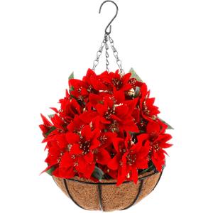 Retrowavy Artificial Christmas Poinsettia Flowers with Hanging Basket for Outdoor Decoration Christmas Hanging Baskets Artificial Poinsettias Plant Pot with Berries for Home Garden Xmas Decoration