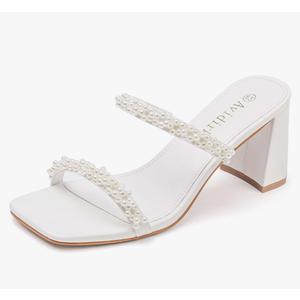 Women's Square Open Toe Heeled Sandals Two Strap Mules Slip On Block Chunky Mid Heels Sandals Size 8.5