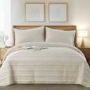 KASENTEX Luxury Velvet Quilt Set 3 Pieces Oversize King, Soft Bedspread Coverlet with 2 Pillow Shams, Lightweight Bed Blanket, Elegant Stitch Design, Machine Wash All Season Bedding, Light Khaki