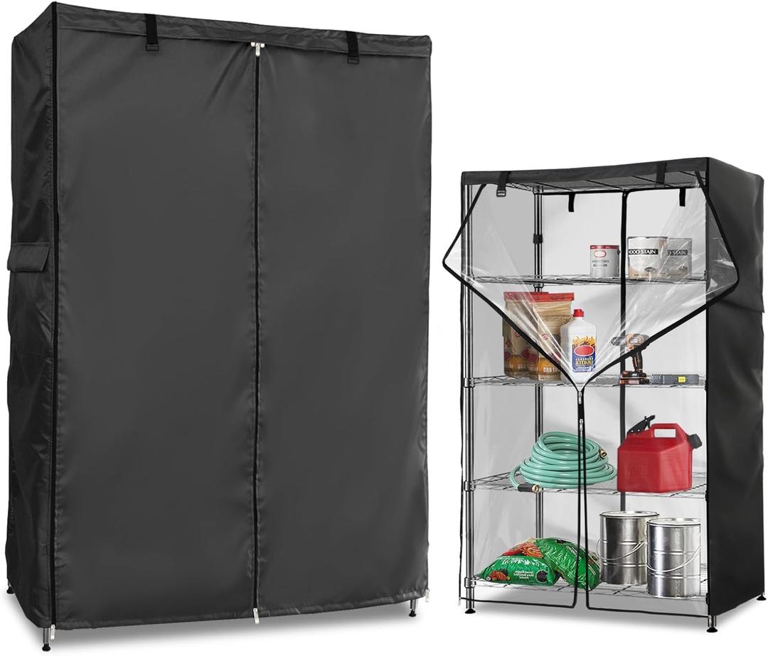 Wire Rack Covers,Heavy Duty 600D Dustproof Waterproof Storage Rack Covers for Metal Shelves,Storage Shelf Cover with Zipper for Wire Shlef,36''W x 19''D x 62''H,Black with Clear Front