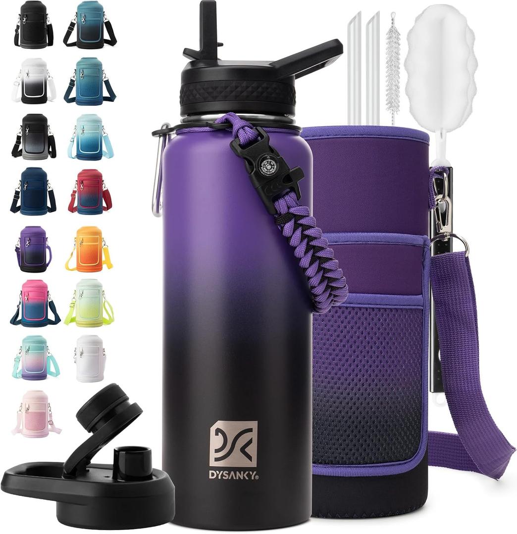 DYSANKY Insulated Water Bottle | Thickened Stainless Steel Vacuum Metal | Portable Sports Water Jug for Gym and Hiking with Straw, Carrier Bag, Handle Strap | BPAFree 40 oz, Purple/Black