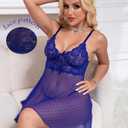 Women Lace Babydoll Lingerie Polka Dots Mesh Sleepwear Sets (Blue, S)