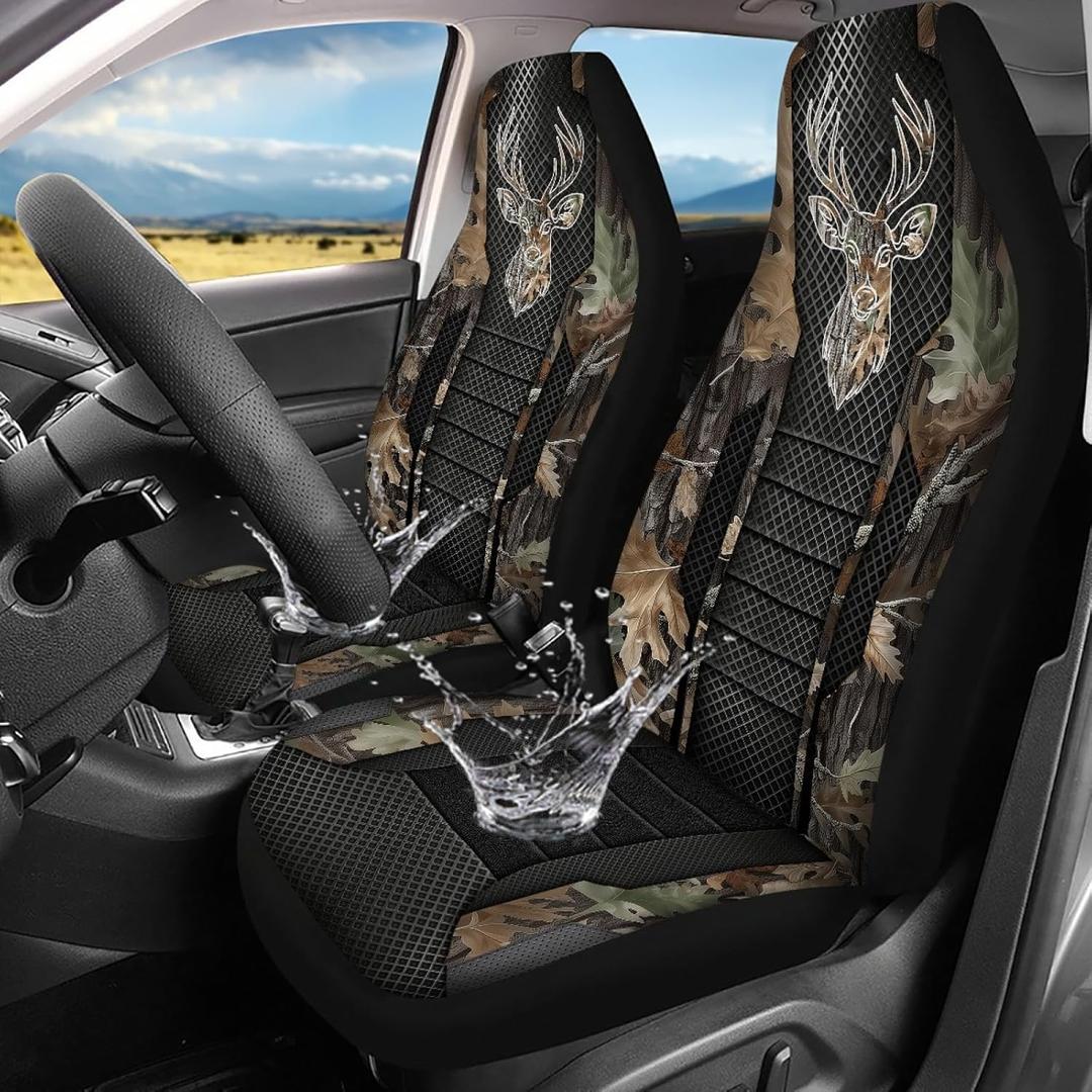 Camo Hunting Buck 2 Piece Car Front Seat Covers Only, Universal Washable Breathable, Waterproof Auto Seat Protector Cover