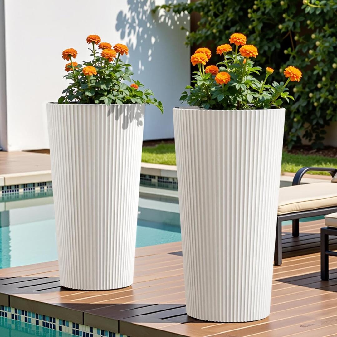 23.6" H Tall Planters for Outdoor Plants Set of 2 - Fluted Large Outdoor Planters for Front Porch Decor with Drainage Hole, Plastic Round Flower Pots Fits Indoor Plants Patio/Garden, White