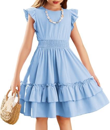 Arshiner Girls Dresses Flutter Sleeve A-Line Sundress Casual Summer Tiered Swing Midi Pocket Dress.L