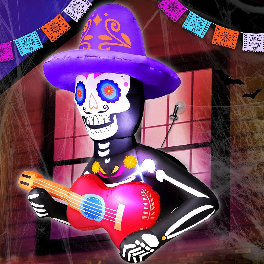 TURNMEON 4 Ft Day of The Dead Inflatable Sugar Skull Broke Out from Window with Sombrero Guitar, Dia De Los Muertos Decorations Halloween Blow Up Yard Decorations Built-in LED Outdoor Yard Lawn Garden
