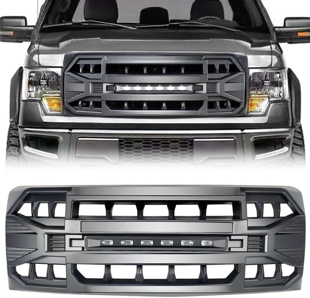 Front Grill Replacement for F150 2009-2014, Matte Black Front Bumper Grille w/Off-Road Lights