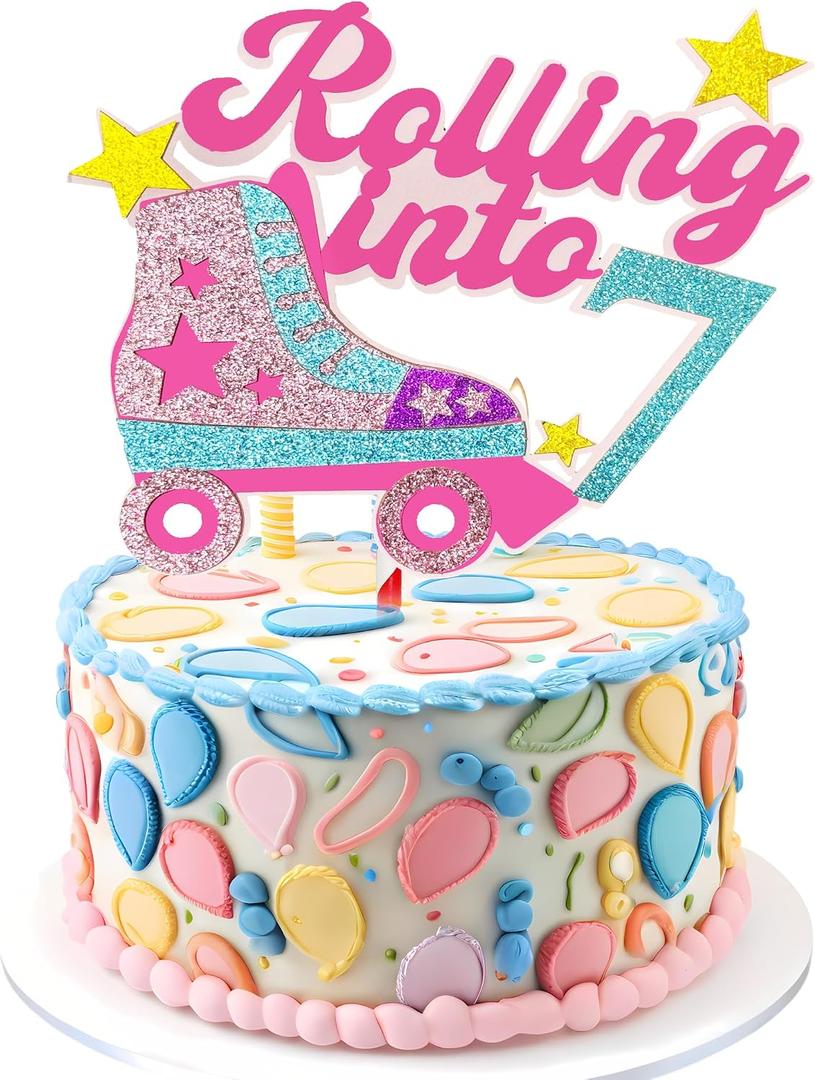 Rolling into 7th Theme Cake Toppers Happy 7th Birthday Cake Topper 7 Years Old Birthday Decorations for Girls Roller Skate Birthday Party Cake Topper