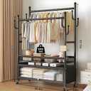Rolling Clothing Rack, Clothes Rack with Shelves, Double Rods and Side Hooks, Portable Wardrobe Rack, Metal Garment Rack, Sturdy Coat Rack for Bedroom, Laundry, Living Room, Black,67H × 13D × 39.4W in