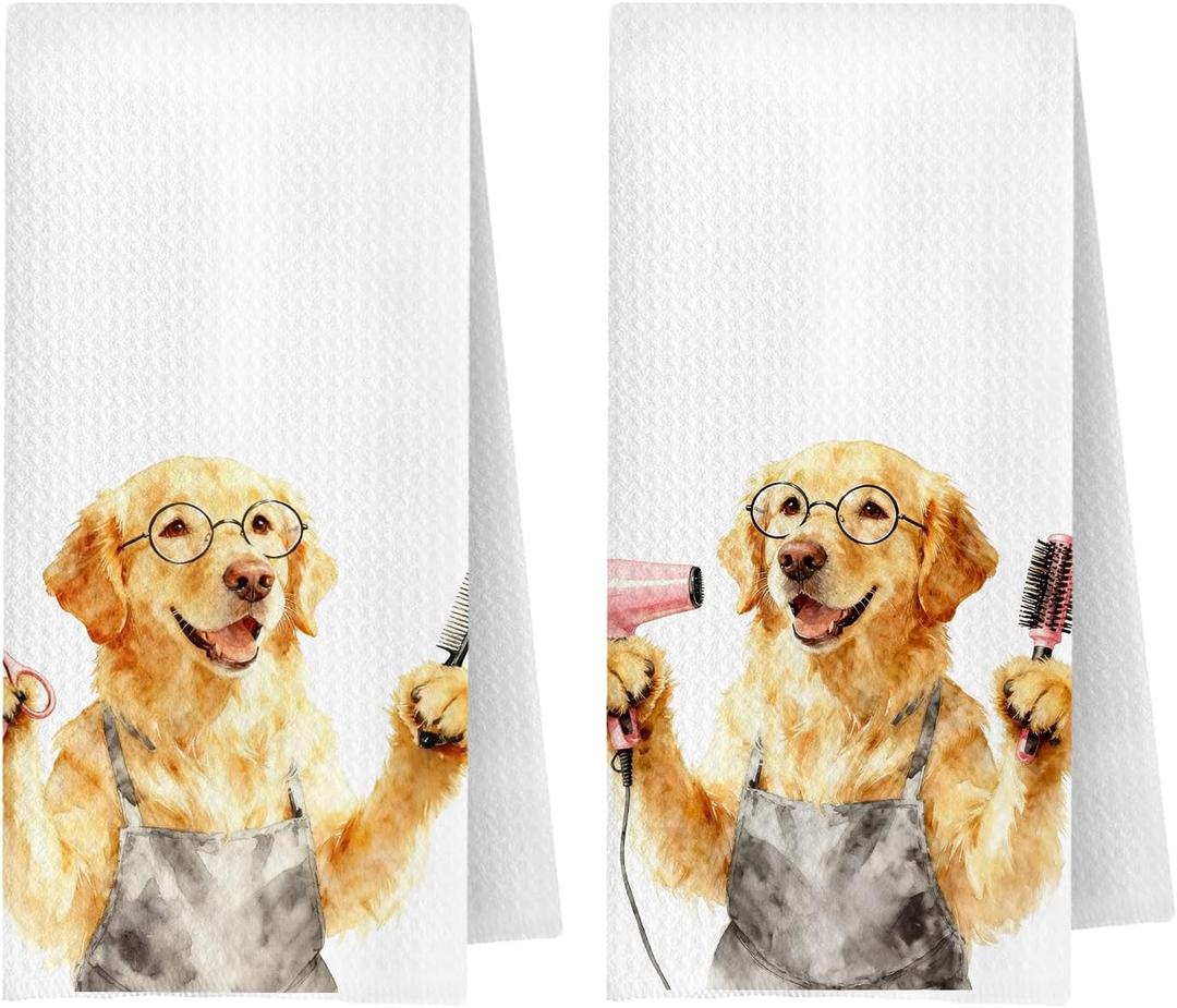 Funny Barber Golden Retriever Dog Kitchen Towels Decorative, Golden Retriever Gifts, Hairdresser Hairstylist Gifts Dish Hand Tea Towels for Bathroom Hair Salon, 16x24 Inch Set of 2