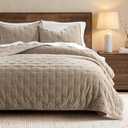 WDCOZY Cloud Soft King Size Quilt Set, Beige Tan Taupe Chenille Velvet