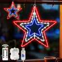 2 Pack 4th of July Decorations Patriotic Window Lights, 220 Led Red White and Blue Iron Frame Star Lights, Battery Powered Silhouette Light with 8 Modes Timer Remote for Memorial Day Home Decor