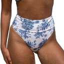 BERLOOK Women's Floral High Cut Wide Waistband Ribbed Tummy Control Coverage Bikini Bottom, M