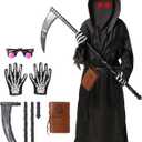 Oskiner Grim Reaper Costume for Kids, Scary Halloween Costume for Boys with Glowing Red Eyes/Scythe/Notebook/Gloves (Large)
