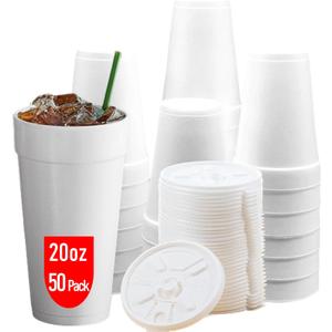 20 OZ Foam Cups With Lids for Hot & Cold Drinks, USA-Made 50-Pack. Ideal Styrofoam Coffee Cups, Insulating To-Go Cups for Soda, Tea, Juice - Sturdy, Disposable & comparable to Industry standard 20J20