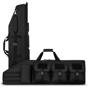 DULCE DOM Double Rifle Case 36/42/48 inch Soft Gun Bag Tactical Backpack with Removable Dividers for Hunting Shooting Range, MOLLE System Multiple Magazine Pouches & Accessory Bags (Black)