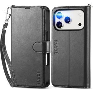 TUCCH Wallet Case for iPhone 17 Pro (6.3") 2025, Wrist Strap RFID Blocking 4 Card Slots, Kickstand, Shockproof TPU Shell, PU Leather, Magnetic Closure, Protective Flip Folio Cover, Black