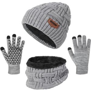 3-Pieces Winter Beanie Hat Scarf and Touch Screen Gloves Set Warm Knit Skull Cap for Men Women