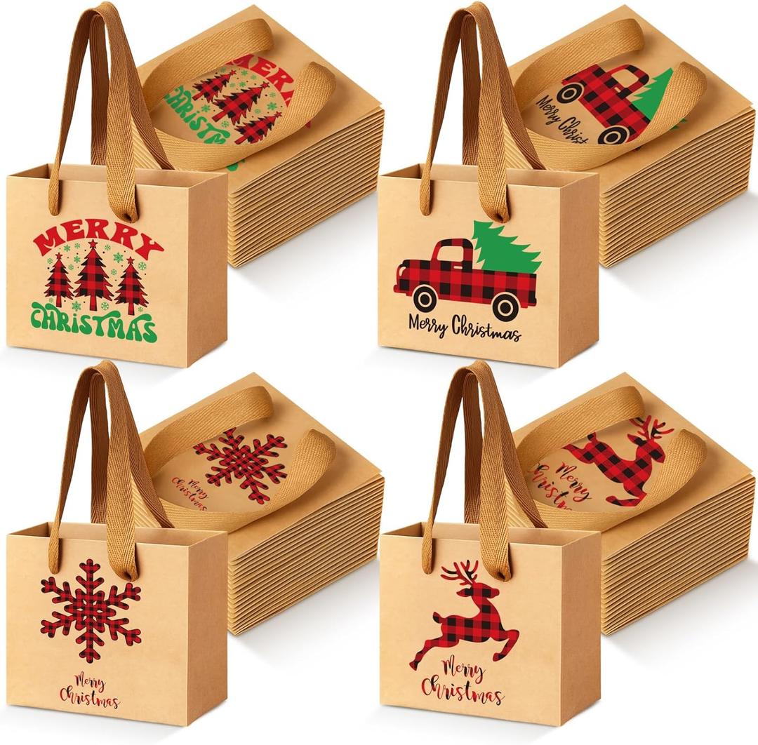 Tenceur 48 Pcs Mini Christmas Kraft Gift Bags with Handle Small Xmas Paper Treat Bags with Snowflake Xmas Tree Plaid Reindeer Car Patterns for Merry Christmas Holiday Party Favor Supplies