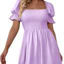 WDIRARA Women's Square Neck Flounce Short Sleeve Shirred Ruffle Hem Dress, Medium, Purple