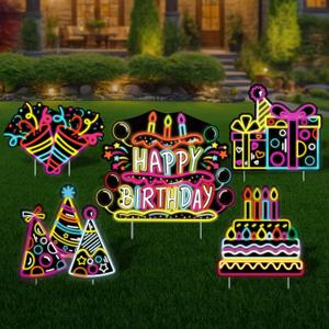 Happy Birthday Yard Signs with Stakes for Birthday Decorations Birthday Outdoor Lawn Signs Neon Waterproof Birthday Sign Ribbons Cake Gift Box Colorful Yard Signs for Garden Outdoor Party Supplies