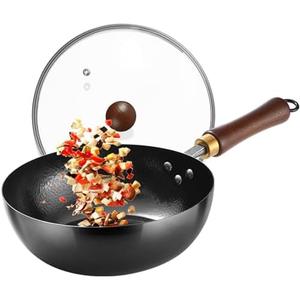 UMETRE Carbon Steel Wok Pan, 9.5" Woks & Stir-Fry Pans with Glass Lid Cookwares, Nonstick Wok Flat Bottom Small Handmade Chinese Wok For for All Stoves
