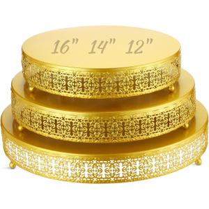 Wenqik 3 Pack Round Metal Cake Stands 12" 14" 16" Dessert Display Cupcake Stands Elegant Display Plate for Wedding Birthday Party Event Anniversary and Table Decoration, Gold