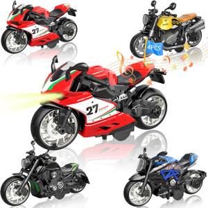 4-Pack Pull-Back Motorcycles with Lights & Sounds | Durable Metal/Plastic Toy Bikes for Ages 3+ | Motorcycle Collection Gift Set