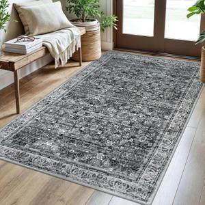 3x5 Washable Area Rug for Entryway, Moss Charcoal Soft Distressed Floral Rug with Non-Slip, Low-Pile Vintage Neutral Area Rugs for Living Room Nursery Bedroom, Dorm Carpet with Non-Shedding