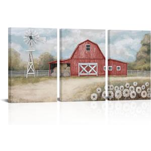 Visual Art Decor Farmhouse Canvas Wall Art Rustic Barn and Windmill Painting Country Landscape Farmhouse Decor, Framed Artwork for Walls (Red, Large) (24L" x 16W")