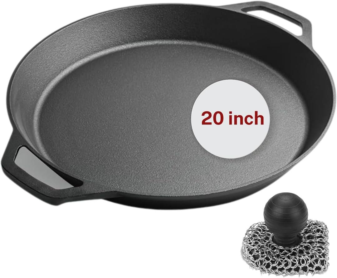 Large Cast Iron Skillet 20 Inch, Pre Seasoned Cast Iron Skillet for Cooking & Frying  XL Heavy Duty Pan with Dual Handles and Cleaner Scrubber  Ideal for Grill, Oven, Stove, Campfire Use