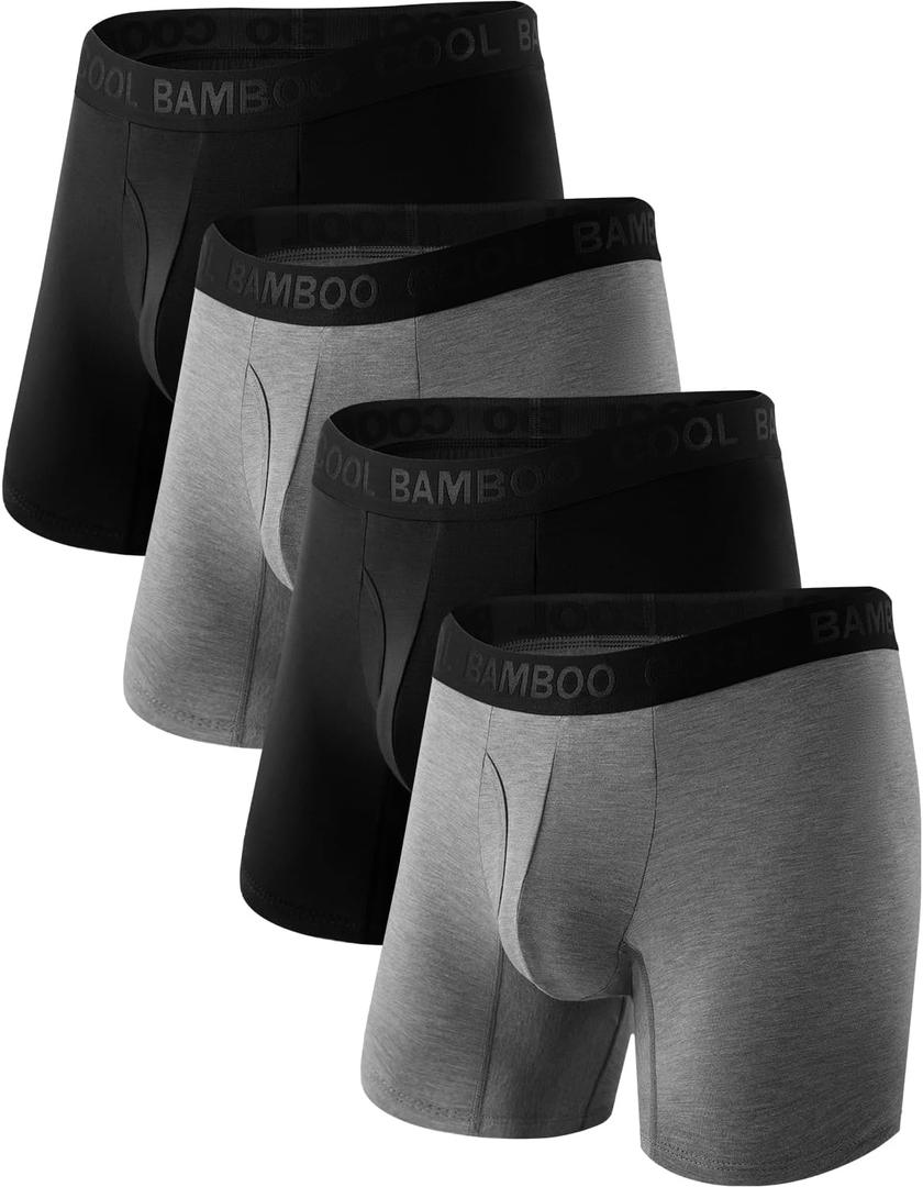 BAMBOO COOL Men's Underwear Boxer Briefs,Regular Leg,Breathable Soft Moisture-Wicking with Fly Underwear For men 4 Pack (2*black+2*deep Gray)