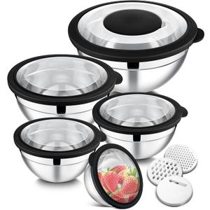 E-far Mixing Bowls Set of 5, Stainless Steel Salad Mixing Bowl with Transparent Lid, Metal Nesting Bowl Attach with 3 Graters for Kitchen Prepping/Serving/Baking/Storage, 4.6/2.6/1.5/1/0.7 QT - Black