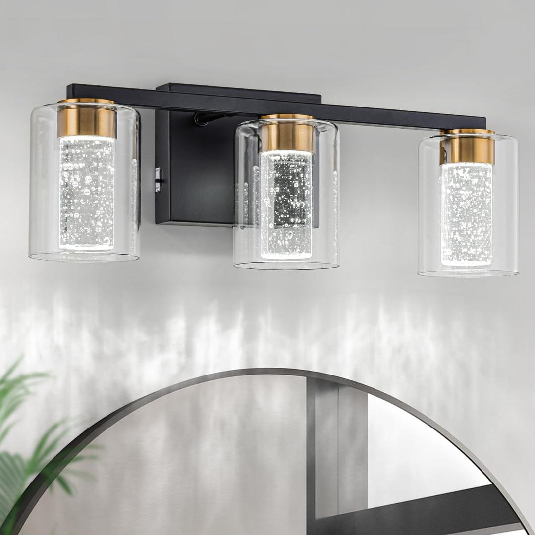 SineRise 3-Light Black and Gold Vanity Light with 3 Color Modes (3000K/4000K/6000K), Eye Protection LED Bathroom Light Fixture, Dimmable Modern Wall Light Over Mirror with Clear Glass Shade SineRise 3-Light Black and Gold Vanity Light with 3 Color Modes (3000K/4000K/6000K), Eye Protection LED Bathroom Light Fixture, Dimmable Modern Wall Light Over Mirror with Clear Glass Shade