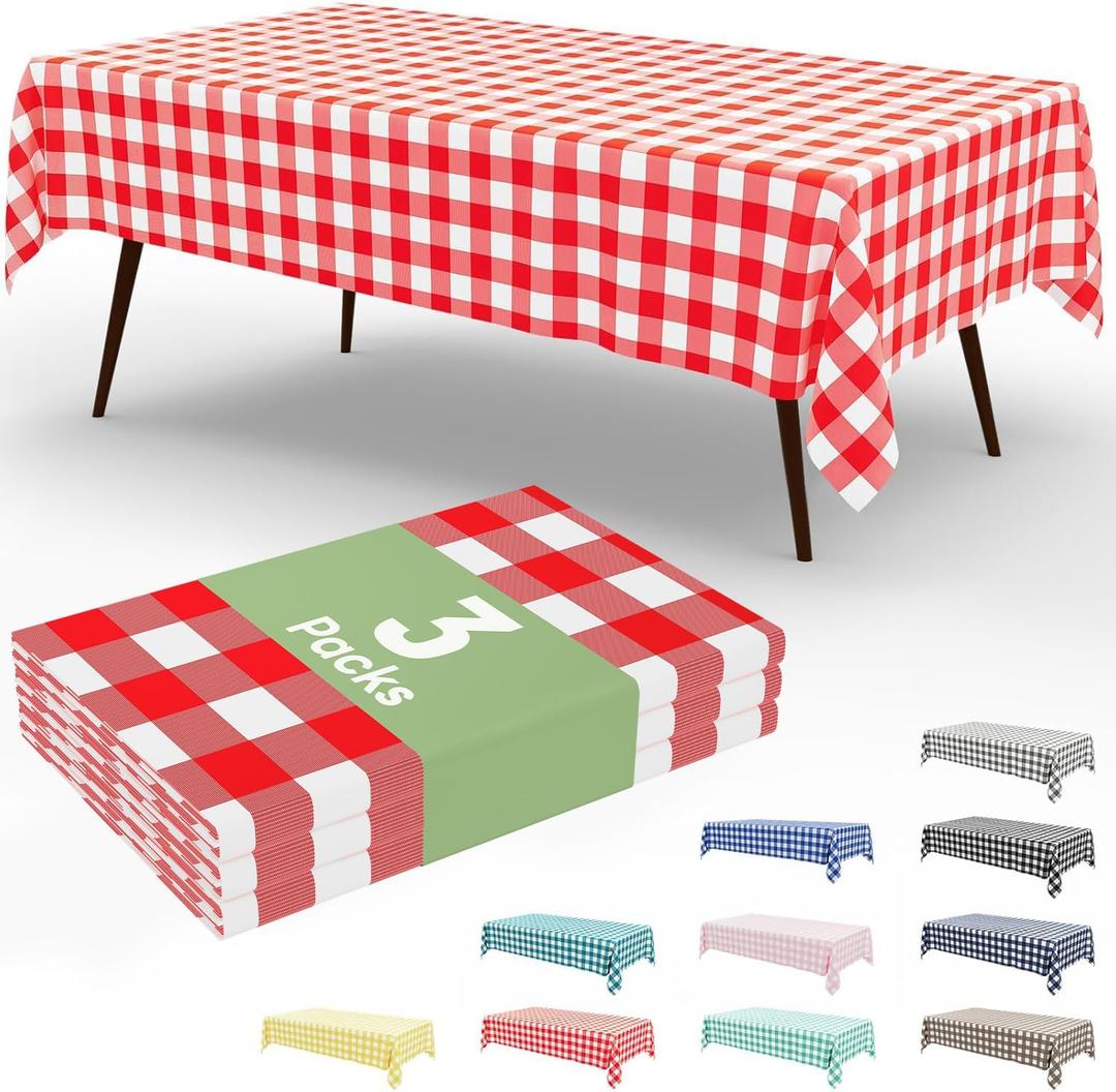Smiry 3 Pack Red Gingham Disposable Tablecloths, 54" x 108" Rectangle Plastic Checkered Table Cloth, Waterproof Buffalo Plaid Table Covers for Picnic, Outdoor, Birthday, Party
