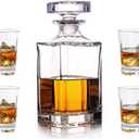 Whiskey Decanter Glasses Set Lead-Free Crystal Glass Scotch Tasting Cups Wine Bottle for Drinking Irish Whisky Bourbon Tequila tumbler (Square, 1 Decanter & 4 Glasses Set)