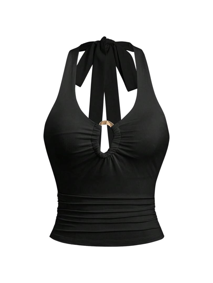 WDIRARA Women's Cut Out Sleeveless Halter Top Deep V Neck Tie Backless Going Out Tank Tops Black X-Small (Black, XS)