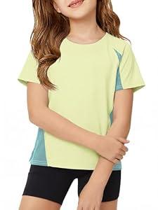 ZDC Kids Girls Athletic T Shirts Color Block Crewneck Gym Yoga Tees Casual Cute Basic Tees, Beige Cream, Size 130